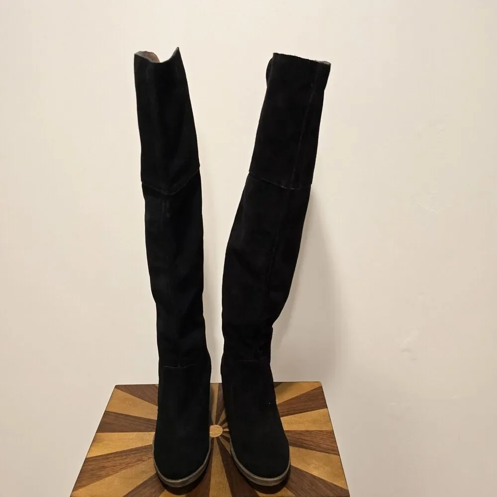 Lucky Brand Rayla Boots Black Suede Over The Knee Heeled 8.5 Womens Western Boho